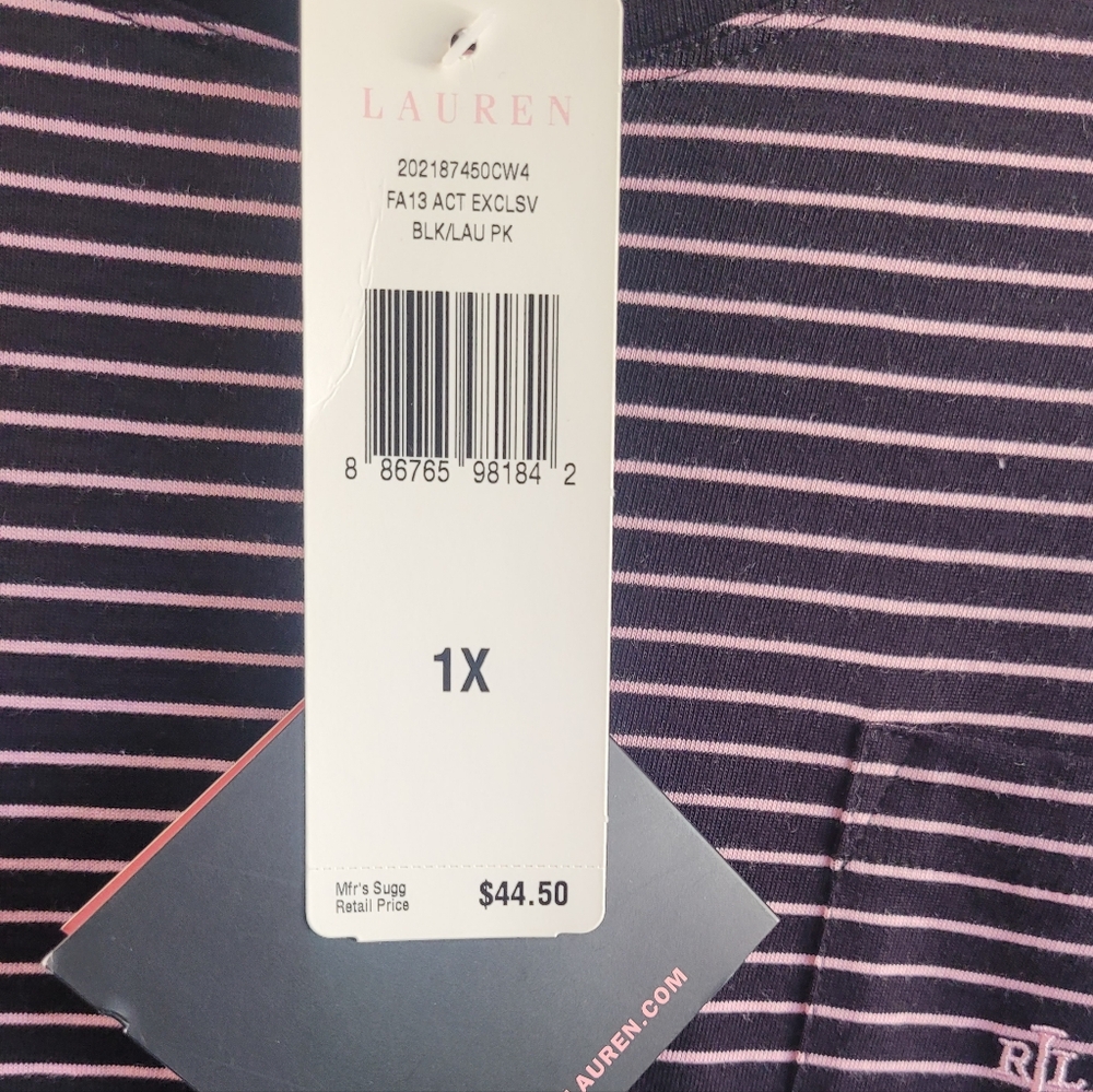 Lauren Ralph Lauren Black and Pink Striped Long Sleeve Shirt  Size 1x - Picture 6 of 8